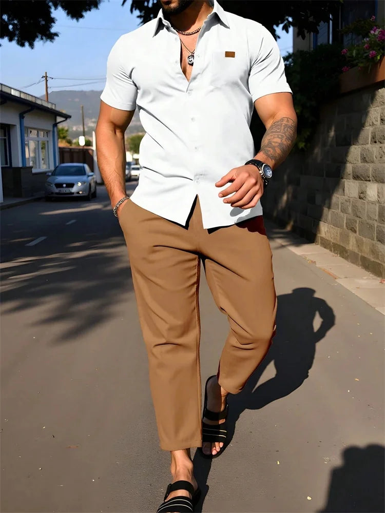 Mens Geometric Color Block Short Sleeve Two Piece Set For Autumn Casual Comfort And Fashion