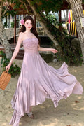Slimming Dry Rose Splicing Tube Top Beach Dress Women's Style Long A-Line Skirt High Waist No Sleeve Shoulderless Polyester