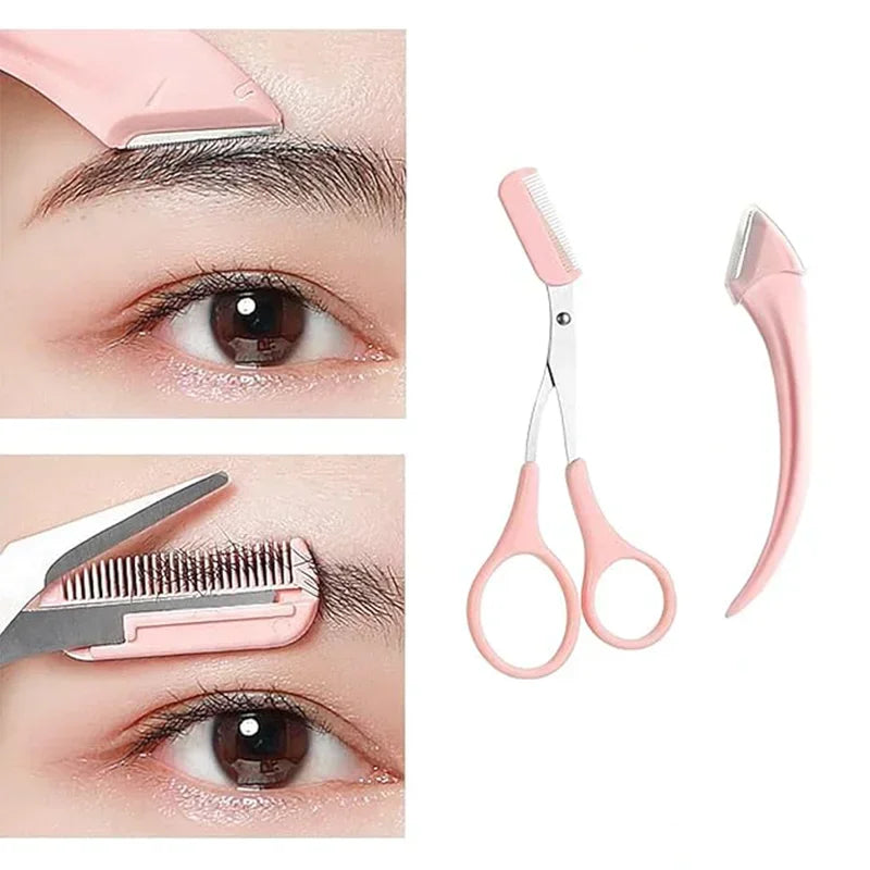 Eyebrow Trimmer Set, Curved Razor & Scissors With Comb, Easy Use Tools, Perfect Grooming Kit for Beginners Daily Eyebrow Care