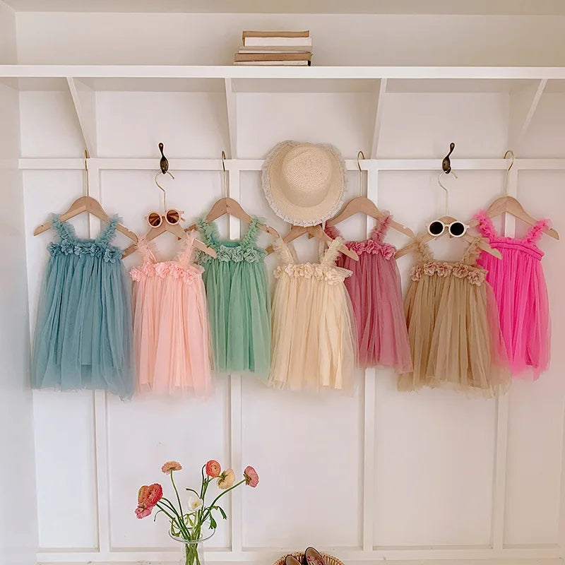Kids Sweet Mesh Dress 1-6T Summer Children Mesh Tulle Princess Slip Tutu Dresses Girls 6 Colors 3D Flower Mermaid Birthday Dress