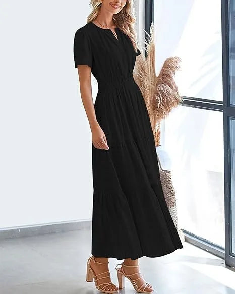 Summer Solid Color V-neck Tight Waist Dress French Style Elegant Pleated Large Swing Long Dress Casual Vacation Style Slimming M