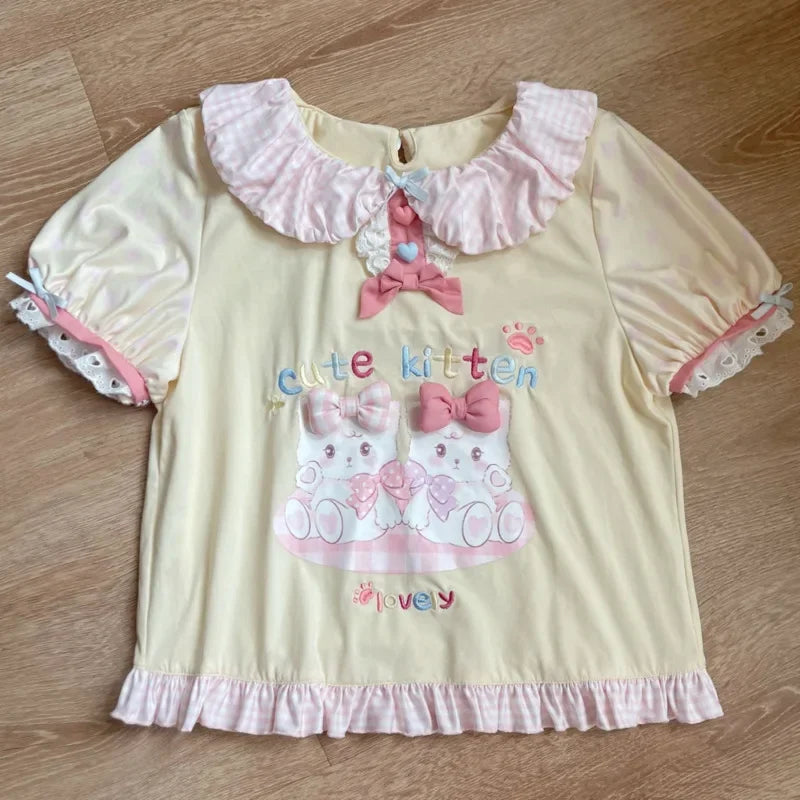 Lolita Print Tops Bow Cake Blouse Y2K JK Lolita Japan Kawaii Girl Cute Sweet Lace T-shirt A-line Spliced Cake Skirt New Chic
