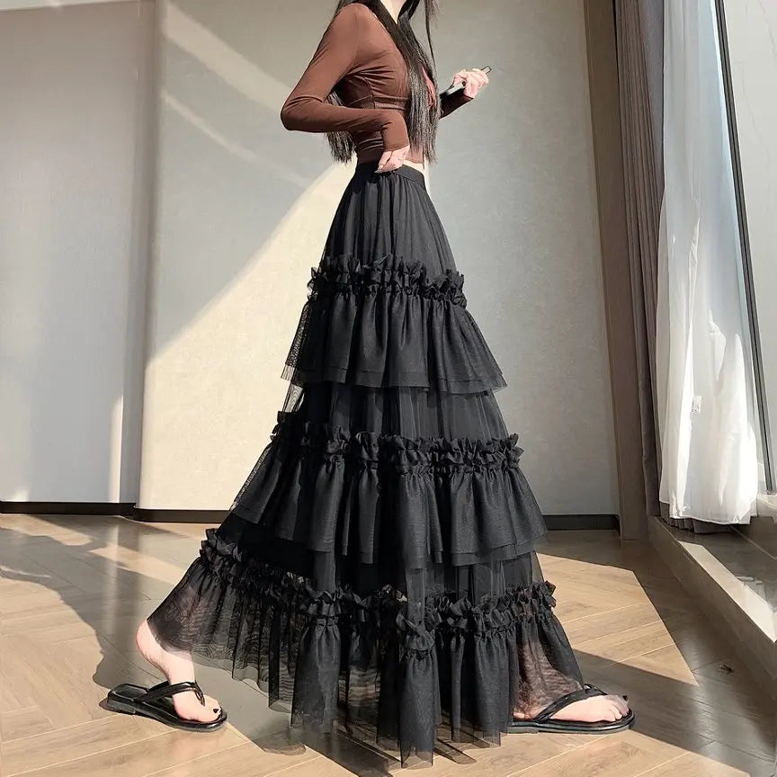 Qiukichonson Midi Long Skirt Women Patchwork Mesh Lolita Spring Summer High Waisted High Low Ruched Ruffles Ball Gown Skirt rok