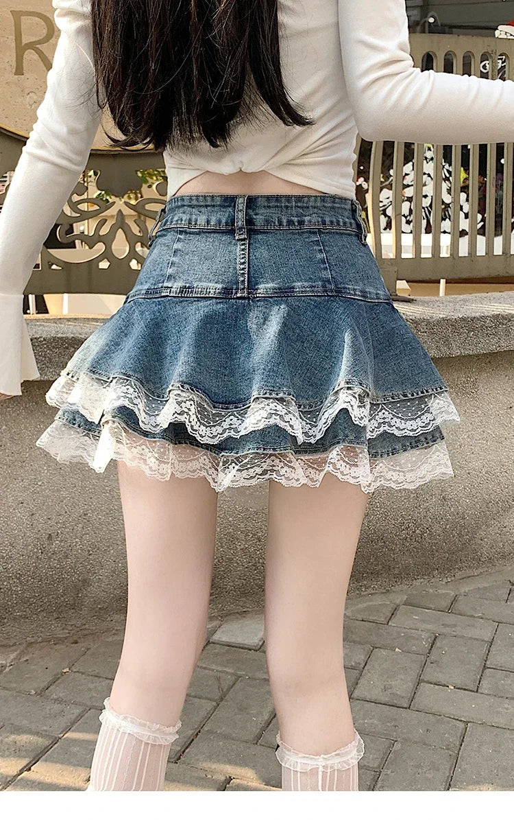 Summer Denim Skirt Women Fashion Streetwear Ruffles Kawaii Lace Skirts Shorts Preppy Mini Y2K School Pleated Jeans Skirt 2026