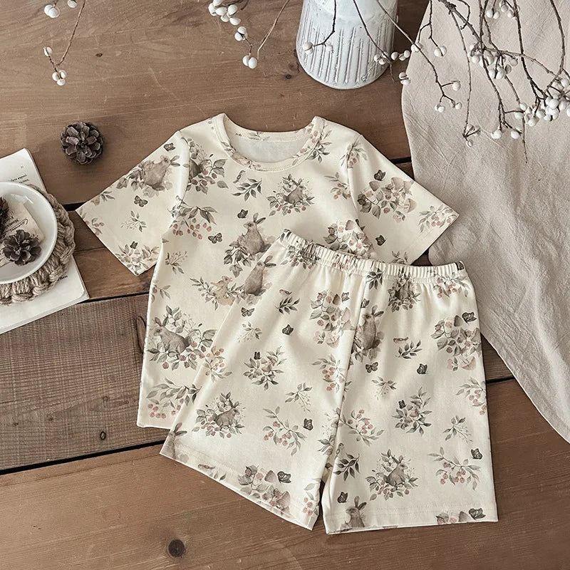 2Pcs Ins New Summer 2025 Full Print Soft Kids Clothing Set Boys Clothes Suit Pure Cotton Tee A 4Nd Shorts Chidren Track Suit