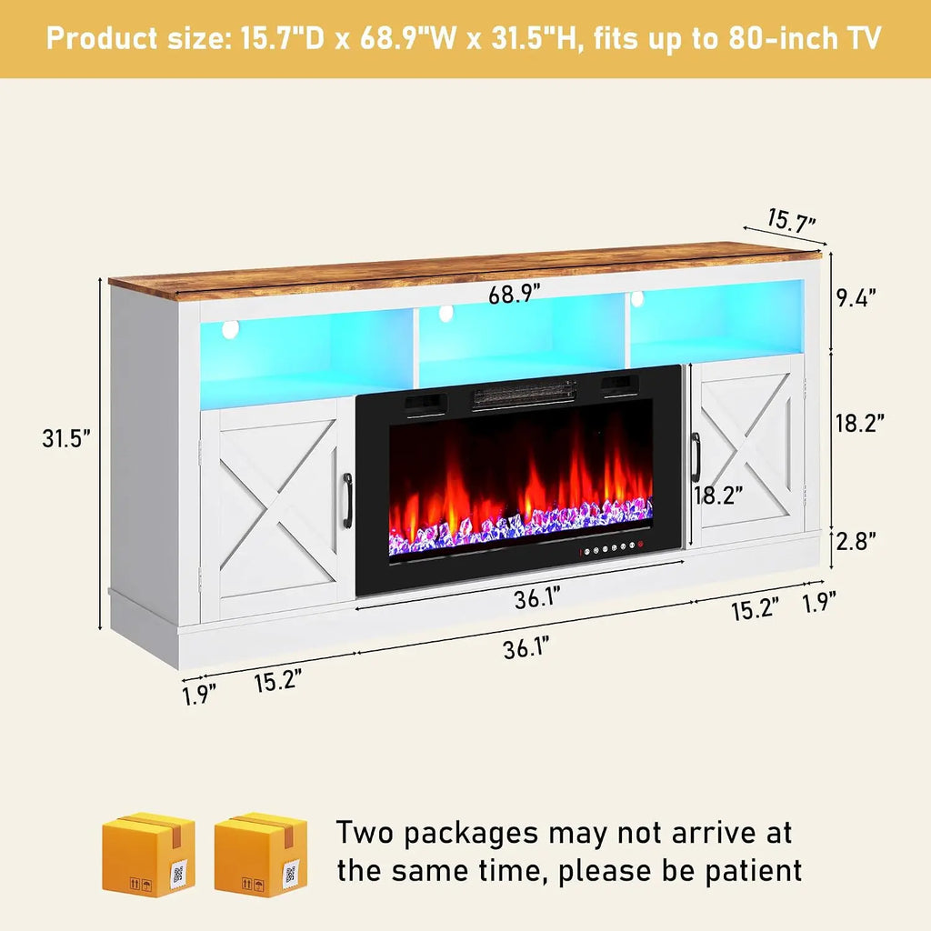 TV Stand 70-80 Inch, 32" Entertainment Center w/ 36" Electric Fireplace & LED, Media Console w/ Barn Door for , Customized