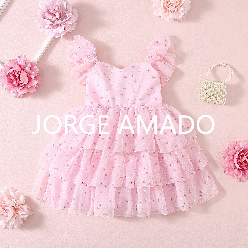 Girls Floral Embroidery Layered Princess Dress | Summer Mesh Sundress