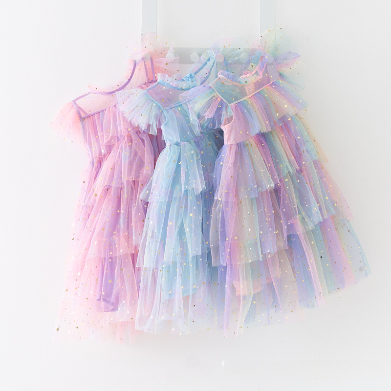 Girls Rainbow layered Dress Birthday Dress Teens Girl Clothes Summer Sequined Princess Mesh Tutu Dresses Kid Party Costume