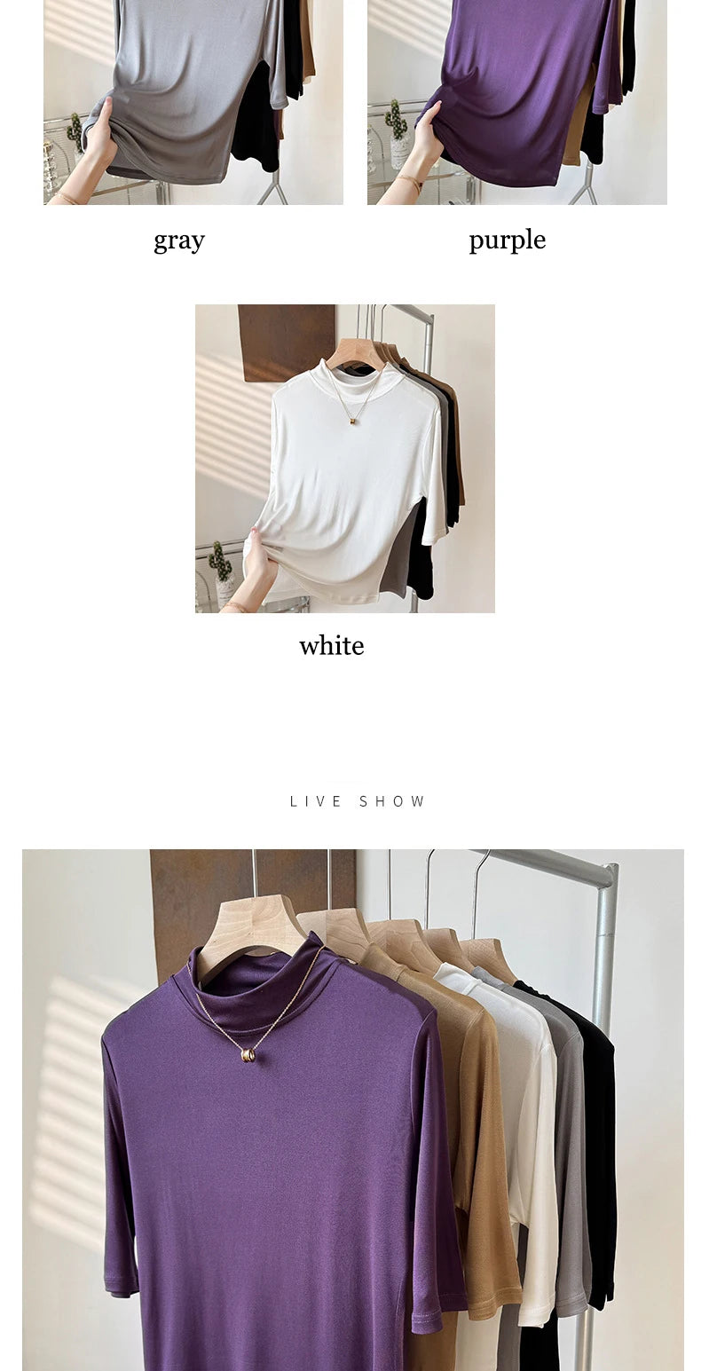 2026 Women's Spring/Summer New 100% Natural Mulberry Silk (Knitted) Basic Solid Color Half High Neck Mid Sleeve Bottom Shirt