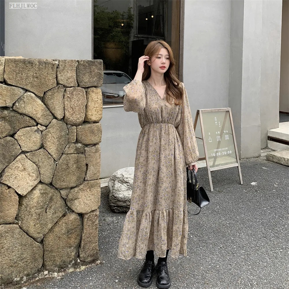 Chic Korean Clothes Design 2022 Autumn Spring Womens V Neck Elegant Lady Floral Printed Retro Vintage Long Maxi Dress