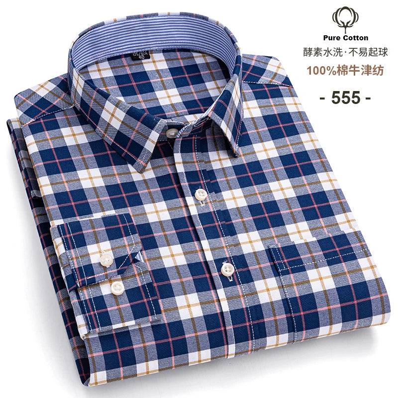 Men's Long Sleeve Plaid Oxford Shirt - 100% Cotton Button-Down