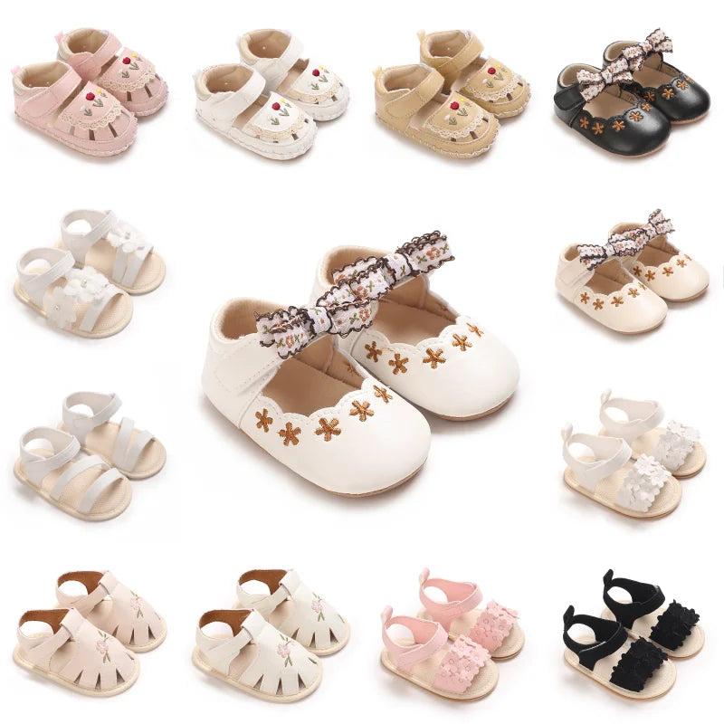 New big bow floral 0-18 months baby princess shoes sandals breathable PU upper walking shoes