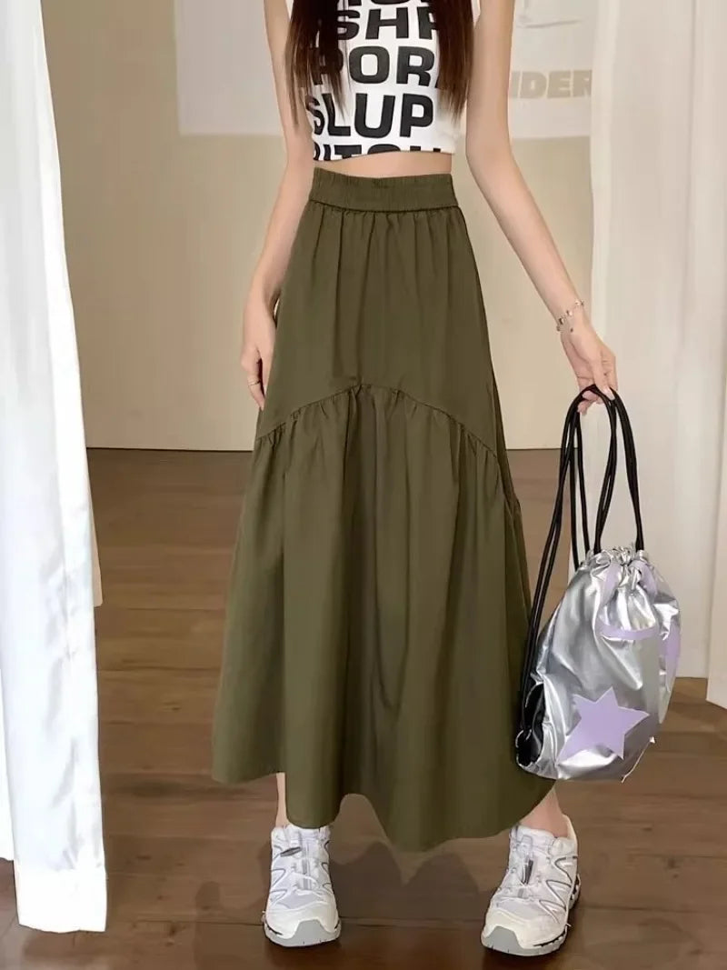 Elegant Women's Skirt Autumn New A-line Simple Fashion Solid Color Bustier Korean Pleated Splicing Elastic Waist Long Skirt