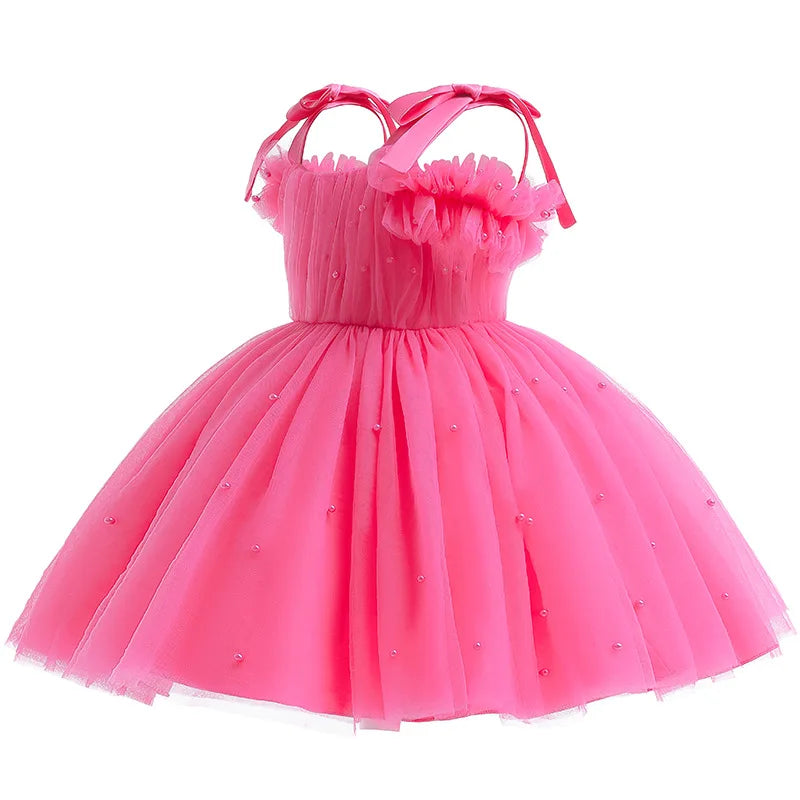 Flower Girls Elegant Cute Bow Pearls Tulle Princess Dress For Toddler Kids Formal Birthday Party Wedding Prom Pageant Puffy Gown