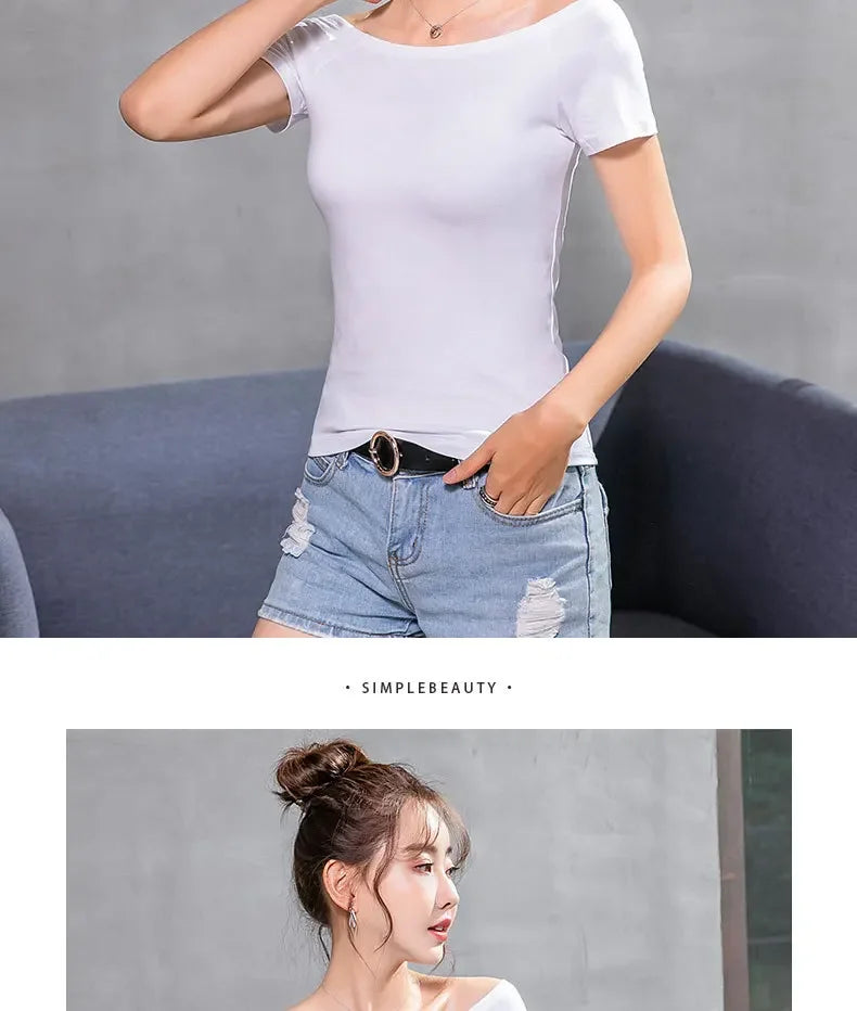 MRMT 2026 Brand New Women's T Shirt Cotton Slim Fit Short Sleeve T-Shirt For Female Off Shoulder Tops One Line Neck Tshirt