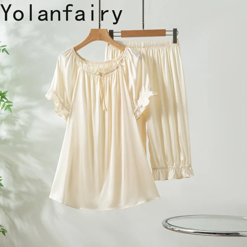 YOLANFAIRY 93% Real Mulberry Silk Pajamas for Woman 2026 Spring Summer High-end Sets Woman 2 Piece Short Sleeve Pijamas De Mujer