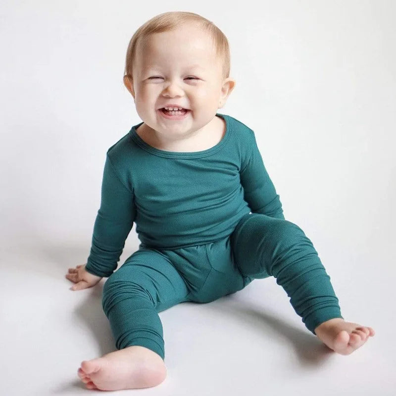 2026 Bamboo Fiber Toddler Kids Pajamas Clothes Solid Hight Elasticity Breathable Sleepwear Set For 9M-7T Boy Girl Loungewear