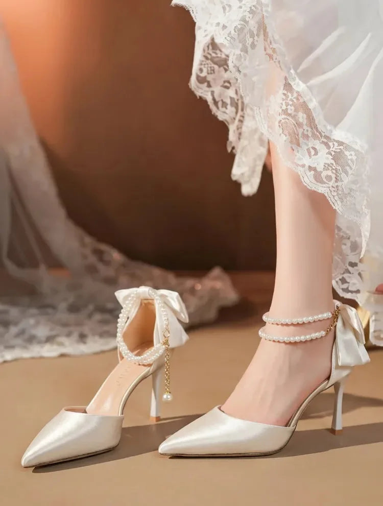 Plus 33-42 Pearl Ankle Strap Bow Heels Stiletto High Heels Women Pumps Wedding Shoes Bride Ladies Party Prom Closed-toe Sandals