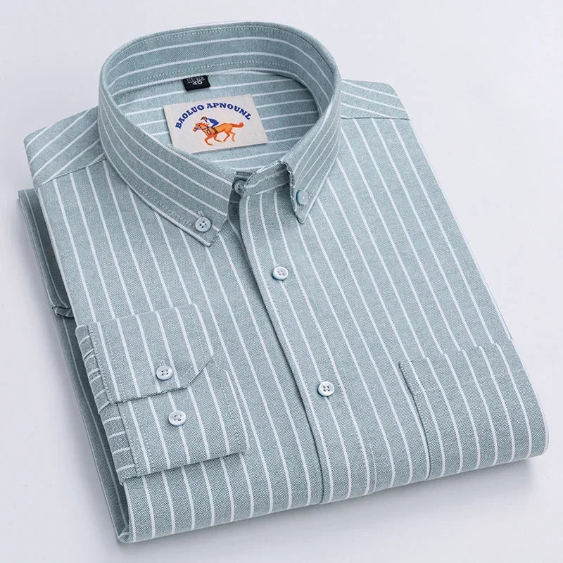 Premium Pure Cotton Oxford Shirt For Men Long Sleeve With Embroidered Horse Design Regular Fit White Dress Shirt