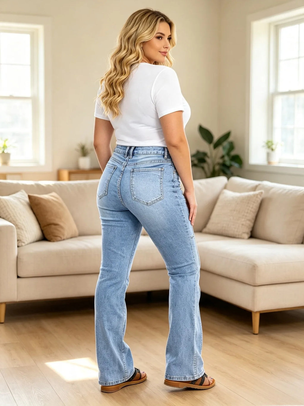 【HME】Jeans | Women Mid‑Rise Flared Denim Pants, Zipper Decor Pocket Bootcut Denim Jeans, Light Washed Faded Finish, Side Stitch Detail, Stretchy Slim‑Fit Pants For Daily And Retro Y2K Style Outfits