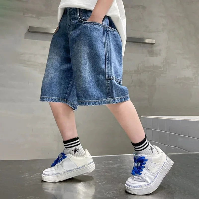 New Boys Summer Fashion Denim Shorts Kids Casual Loose Thin Knee-Length Trousers 3-12 Years Teenager Outdoor Five-point Pants