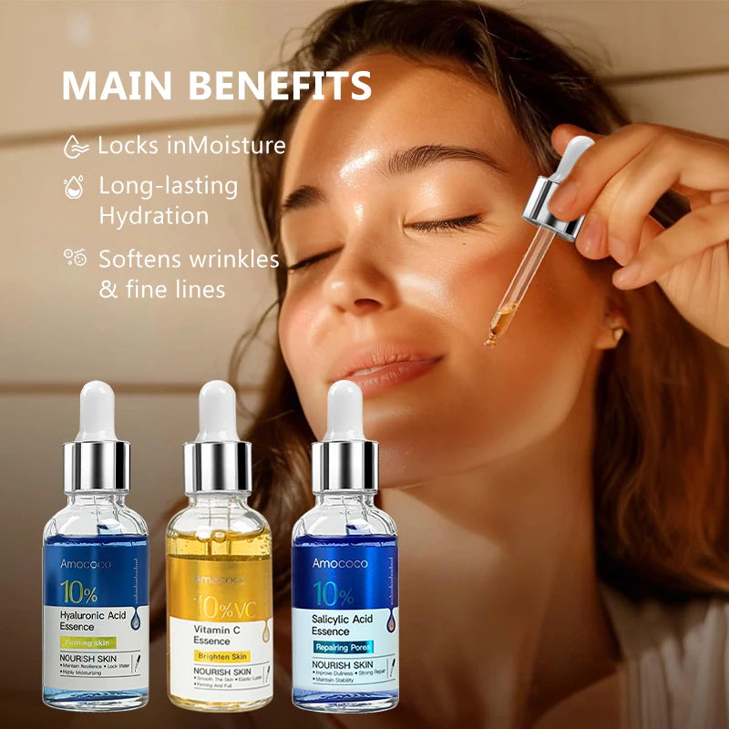 Amococo 2pcs Facial Serum 30ml 10% Salicylic Acid Essence Vitamin C Essence Hyaluronic Acid Face Serum Moisturizing Hydrating Skin Care Brightening Nourishing Essence for Daily Face Care