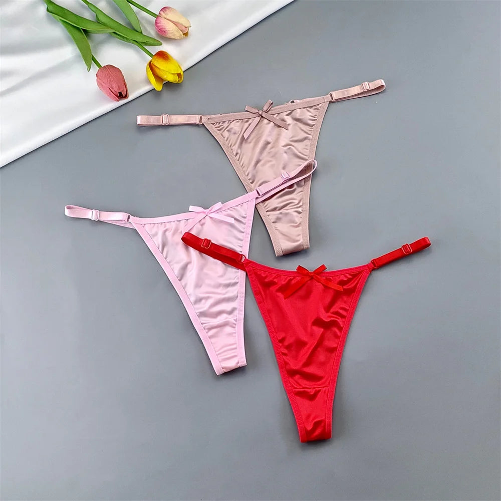 3pcs Sexy Satin Silk Underwear Panties Woman Adjustable Low Waist G Strings Plus Sizes Thong Elastic Waist Culotte Femme