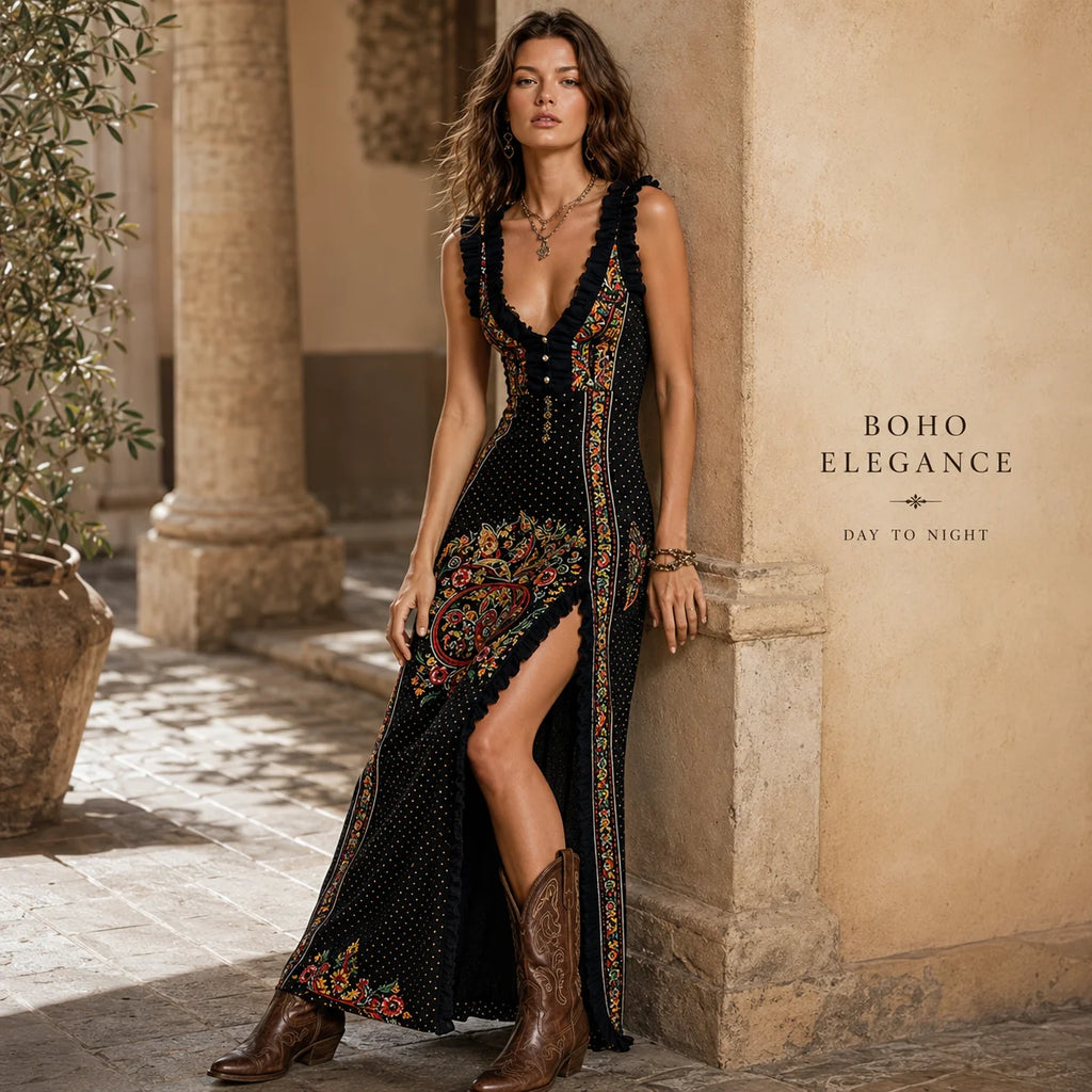Women's Boho Paisley Print Maxi Dress Deep V-Neck Sleeveless Ruffle Trim High Slit Summer Vacation Resort Cocktail Dress