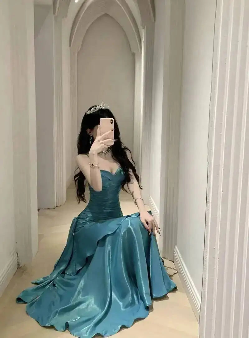 LGRQ 2026 Summer Blue Niche Strap Dress Fishtail Elegant Long Dresses Solid Color Female Elegant Party Gown 19DA2013