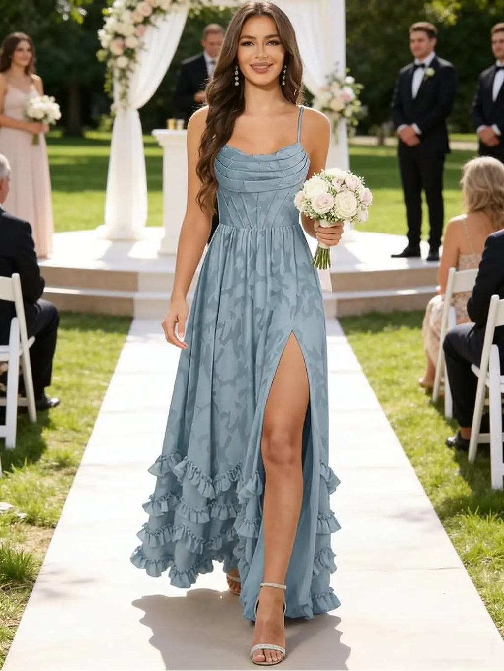 Women's Chiffon Jacquard Spaghetti Strap Floor Length Formal Evening Gown For Wedding Guest Prom Party Bridesmaid Dress