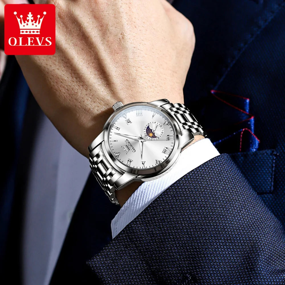 OLEVS 3656 Brand Men's Watches Fashion Original Quartz Watch for Man Waterproof Stainless Steel Luminous Wristwatch Moon Phase