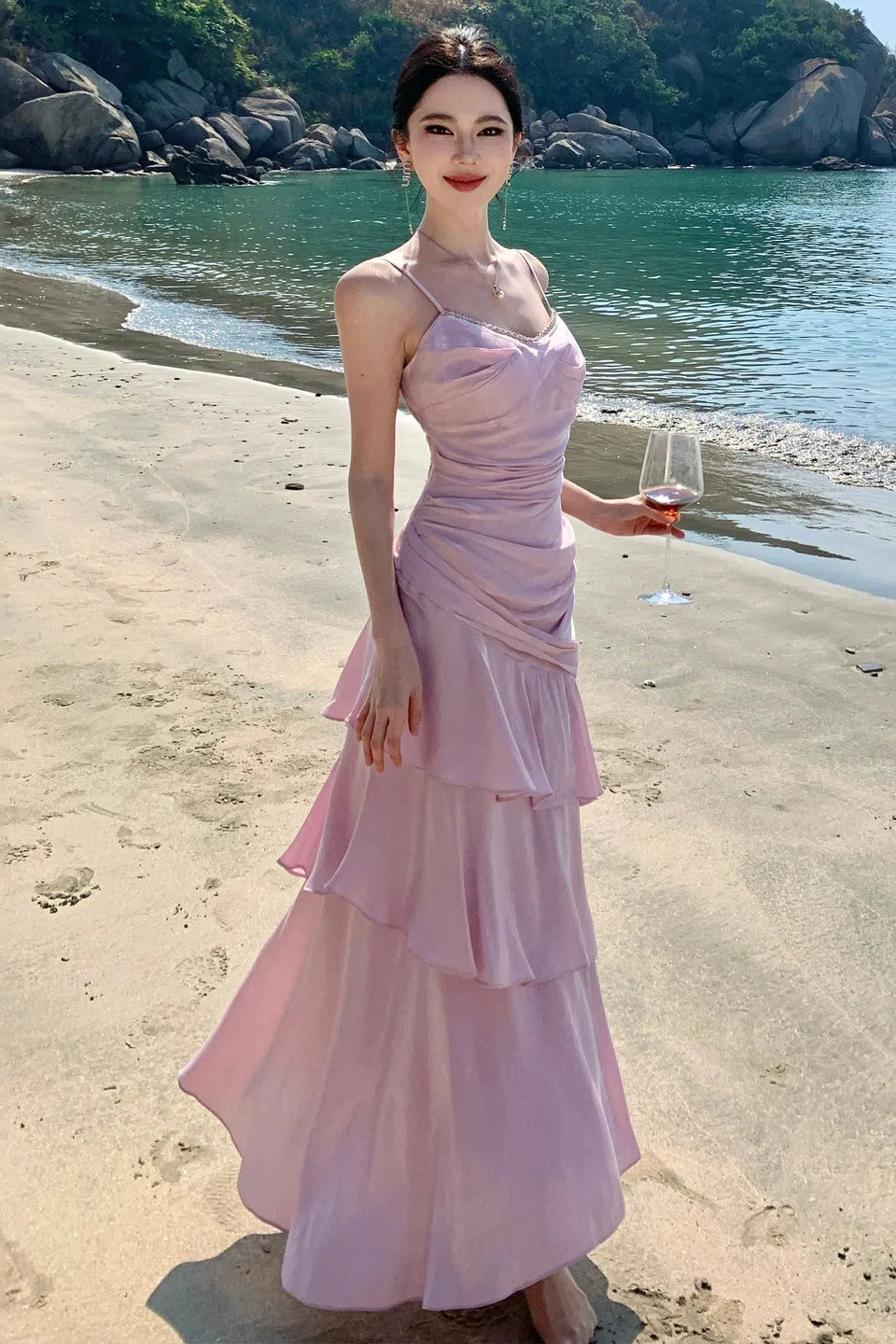 Elegant Women Spaghetti Strap Maxi Dress Rhinestone Trim Ruched Waist Ruffle Hem Pink Dress For Cocktail Party Wedding Guest