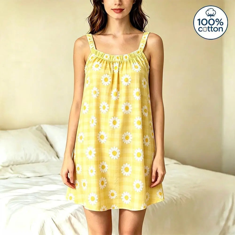 100% Cotton Women's Sleeveless Slip Nightgown Sweet Daisy Plaid Print Loose Summer Sleep Dress Ladies Casual Homewear Pajamas