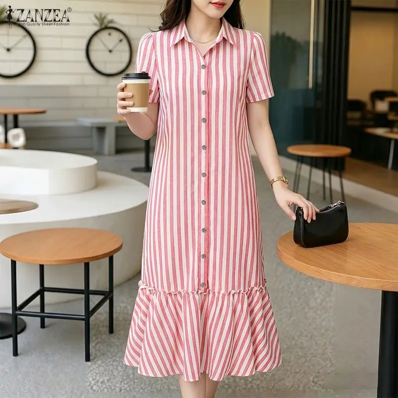 Summer Casual Short Sleeve Striped Midi Dress Women Turn-Down Collar Ruffled Hem Dresses ZANZEA Everyday Wear A-Line Vestidos
