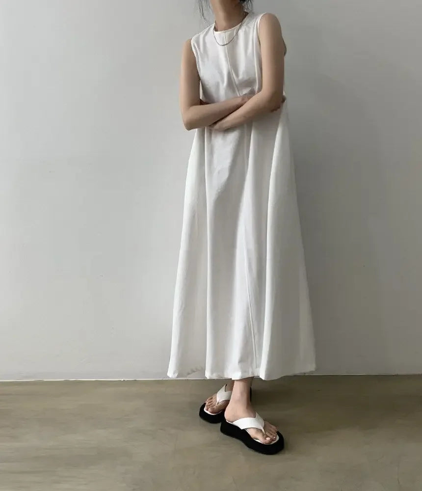 Korean Fashion Women Dress Casual Round Neck Loose Solid Color Casual Big Swing Sleeveless Long Linen Lazy Style Vestidos