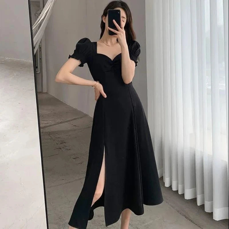 Women'S Summer V-Neck Puff Short-Sleeved Dress Elegant Female Side Slit Long A-Line Dresses Solid Sexy Slim Evening Vestidos