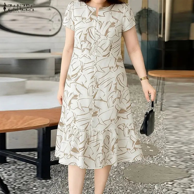 ZANZEA Women's Floral Printing Midi Dress V-Neck Short Sleeve Ruffled Hem Long Dress Summer Casual Daily Wear Robes Femme 3XL