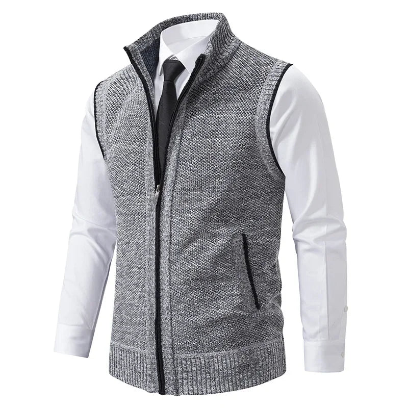 Men'S Knitted Sleeveless Sweater Cardigan Zipper Sweater Vest Casual Sleeveless Warm Jacket Slim Fit Stand Collar Sweatercoat