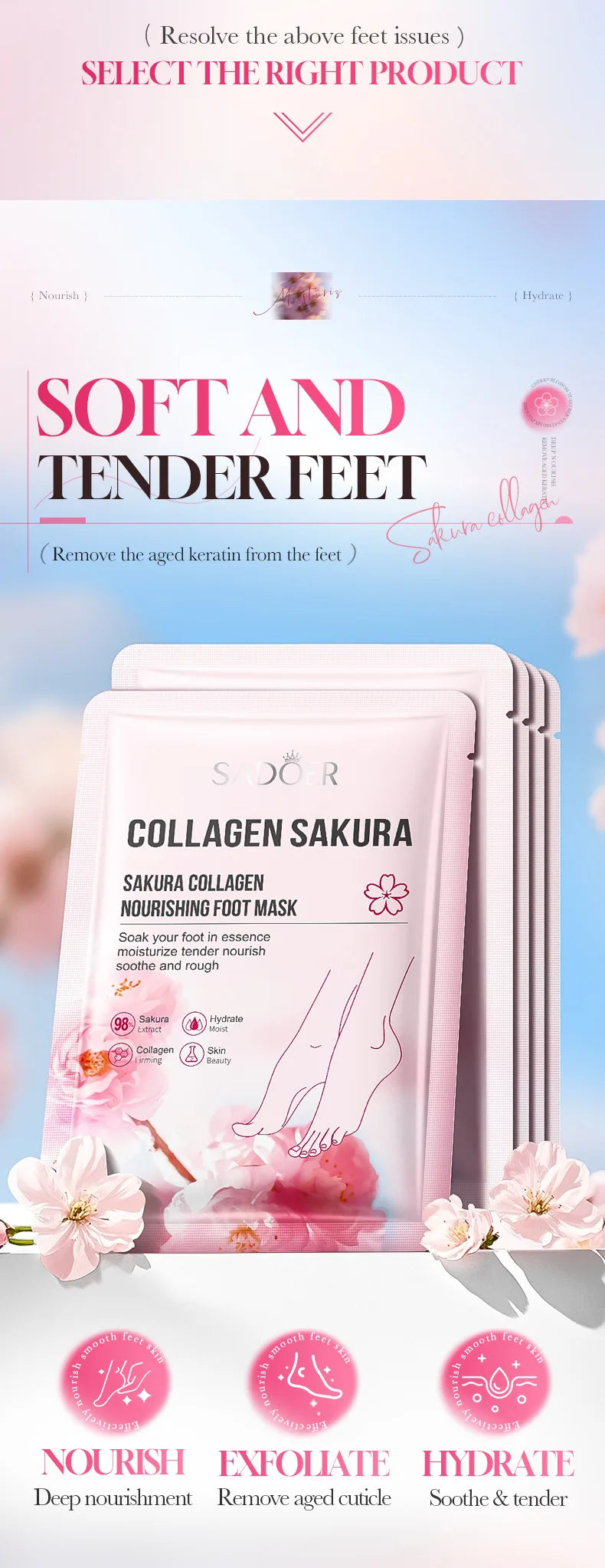 5 Pairs SADOER Collagen Sakura Nourishing Foot Mask Moisturizes Exfoliates And Nourishes Tender Smooth Feet Skin Care Masks