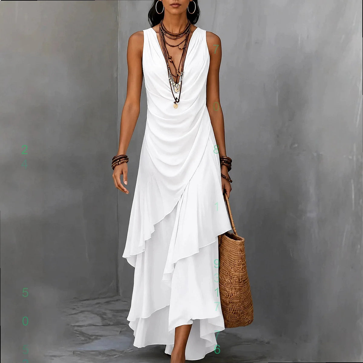 Womens V Neck Sleeveless Dress Summer Casual Long Dresses with Ruffle Hem Flowy Tiered Maxi Dresses