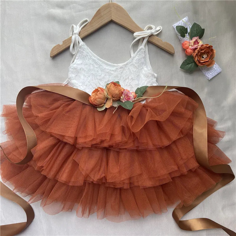 New Born Baby Girls Birthday Dress for Kids Flowers Girls Party Tutus Costume Belt Headband 3pcs Outfit Set Princess Vestidos