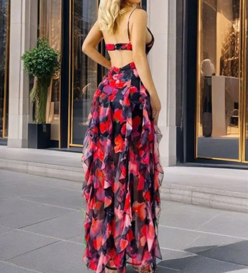Elegant Boho Women's Summer Party Long Dress Sexy Floral Print Spaghetti Straps Backless Sleeveless Beach Sundress Maxi Dresses