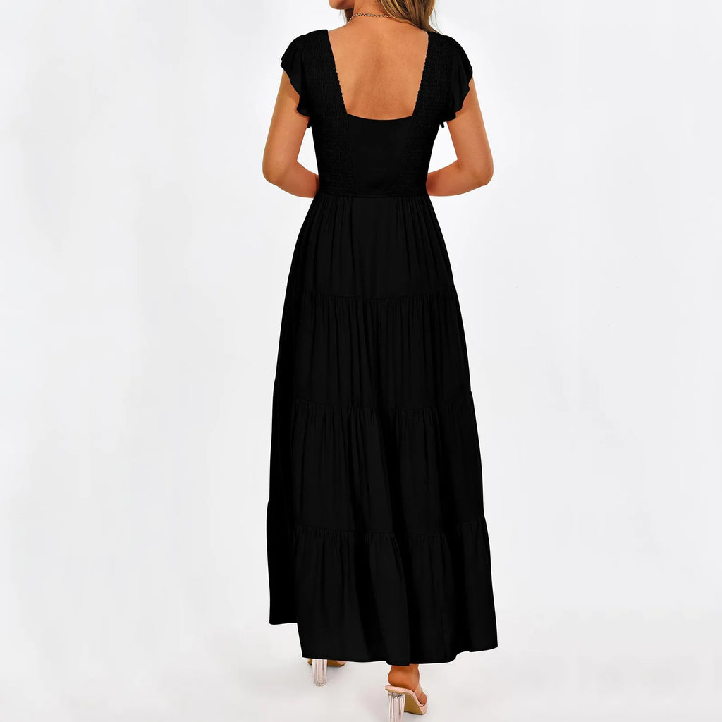 Women's Summer Flowy Maxi Dress Casual Cap Sleeve V Neck Smocked Beach Cotton Midi Dresses