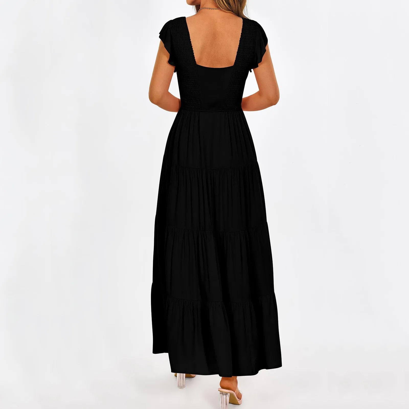 Women's Summer Flowy Maxi Dress Casual Cap Sleeve V Neck Smocked Beach Cotton Midi Dresses