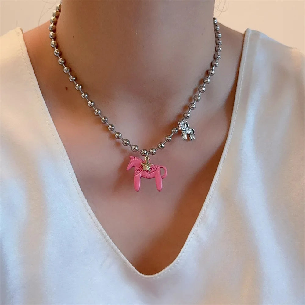 Lats White Black Green Blue Pink Color Enamel Colt Horse Pendant Necklaces For Women'S Silver Plated Alloy Beads Chain Chokers