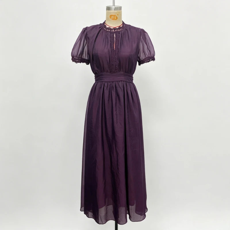 Elegant Chiffon Lace Trim Midi Dress Stand Collar Neck Puff Sleeve Cinched Waist Draped A Line Flowy Women's Casual Dresses
