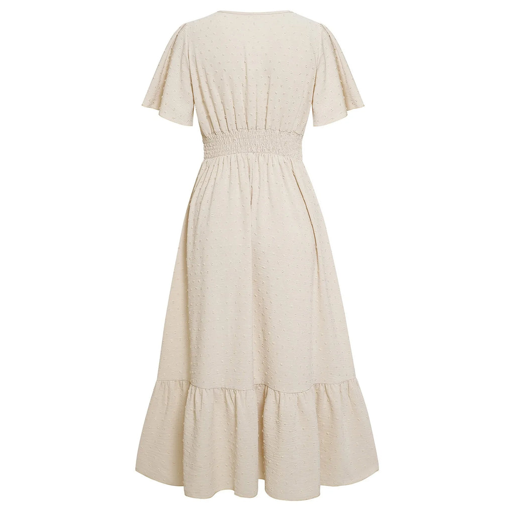 Women V-Neck Ruffle Hem Maxi Dress Solid Short Sleeve Flowy Long Dress Summer Elegant Beach Vacation Party Wedding Guest Outfit