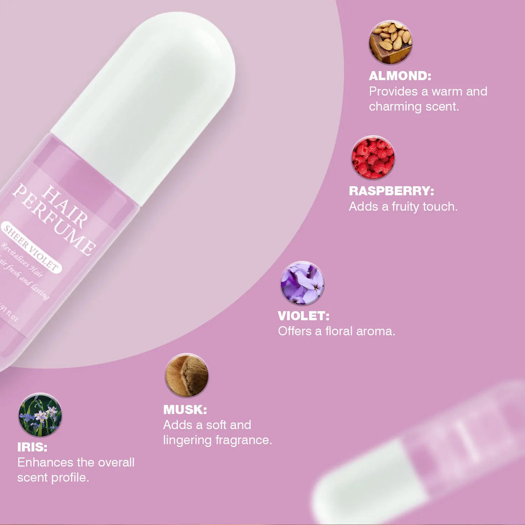 50ML Sheer Violet Hair Perfume for Women Clean Deodorizing Hair Spray & Body Mist Freshen Hair Body & Pillows Soft Musk Scent