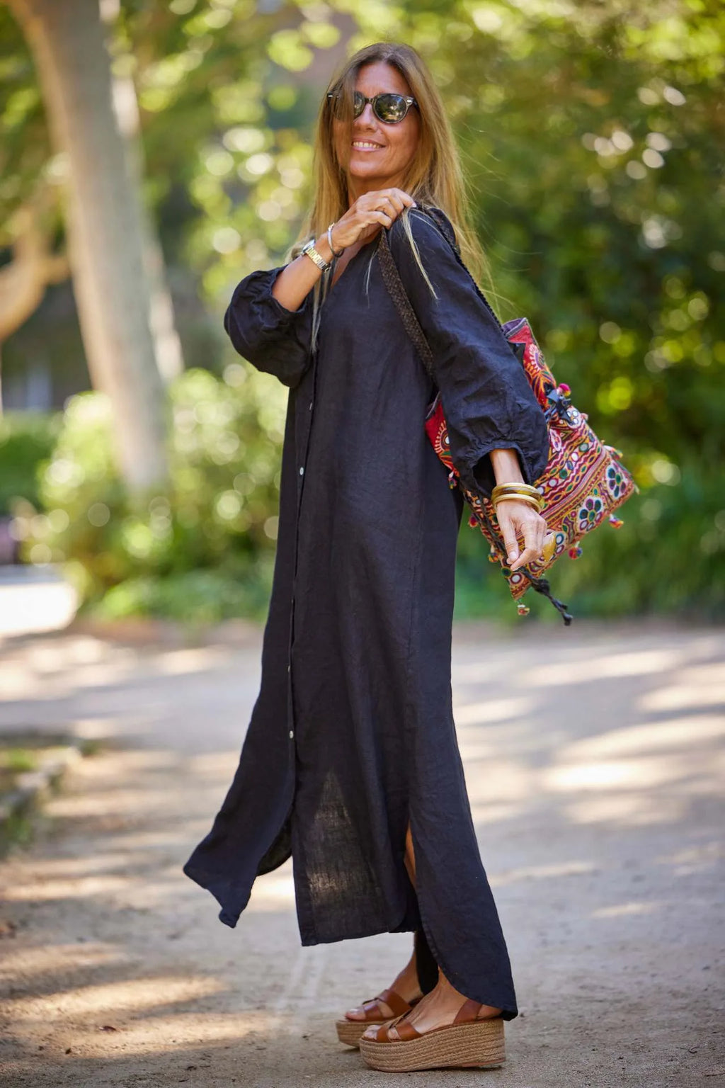 Women V Neck Lantern Long Sleeve Linen Maxi Dress Button Front Loose Casual Vacation Ladies Long Dress