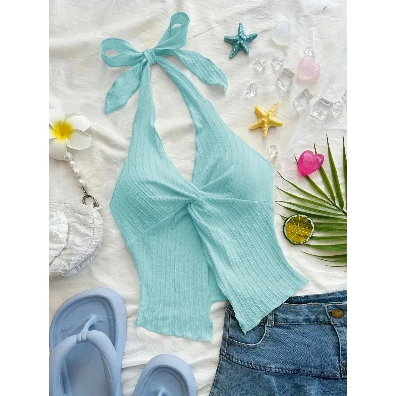 Women Summer Y2K Sexy V-neck Halter Neck Crop Top Sleeveless Solid Split Backless Tops Women's Clothing Streetwear 2026 New